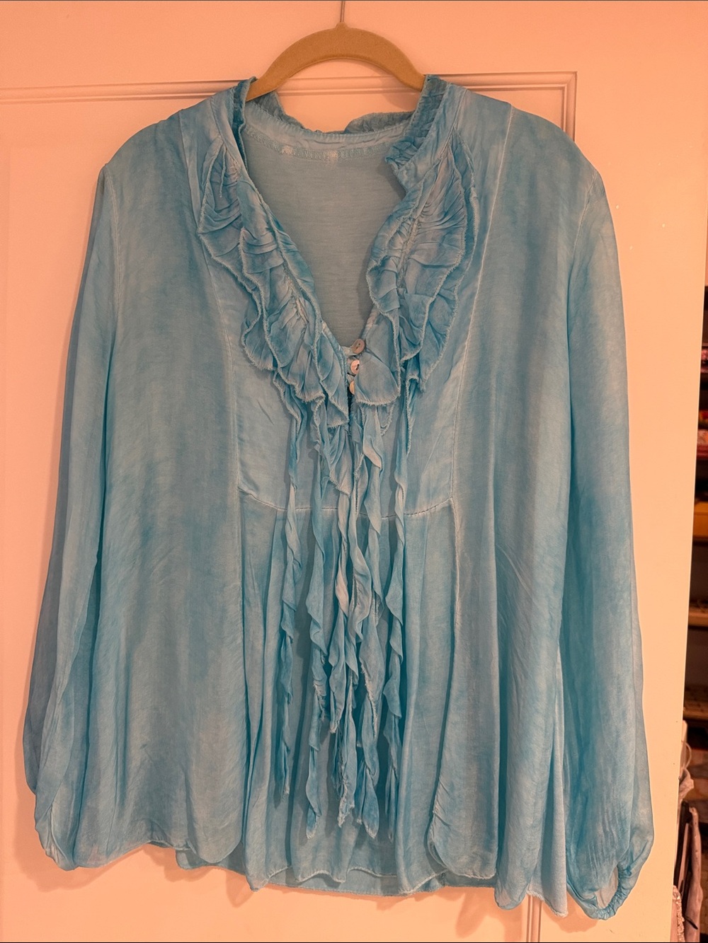 Light Blue Ruffle Front Women's Blouse — Brand